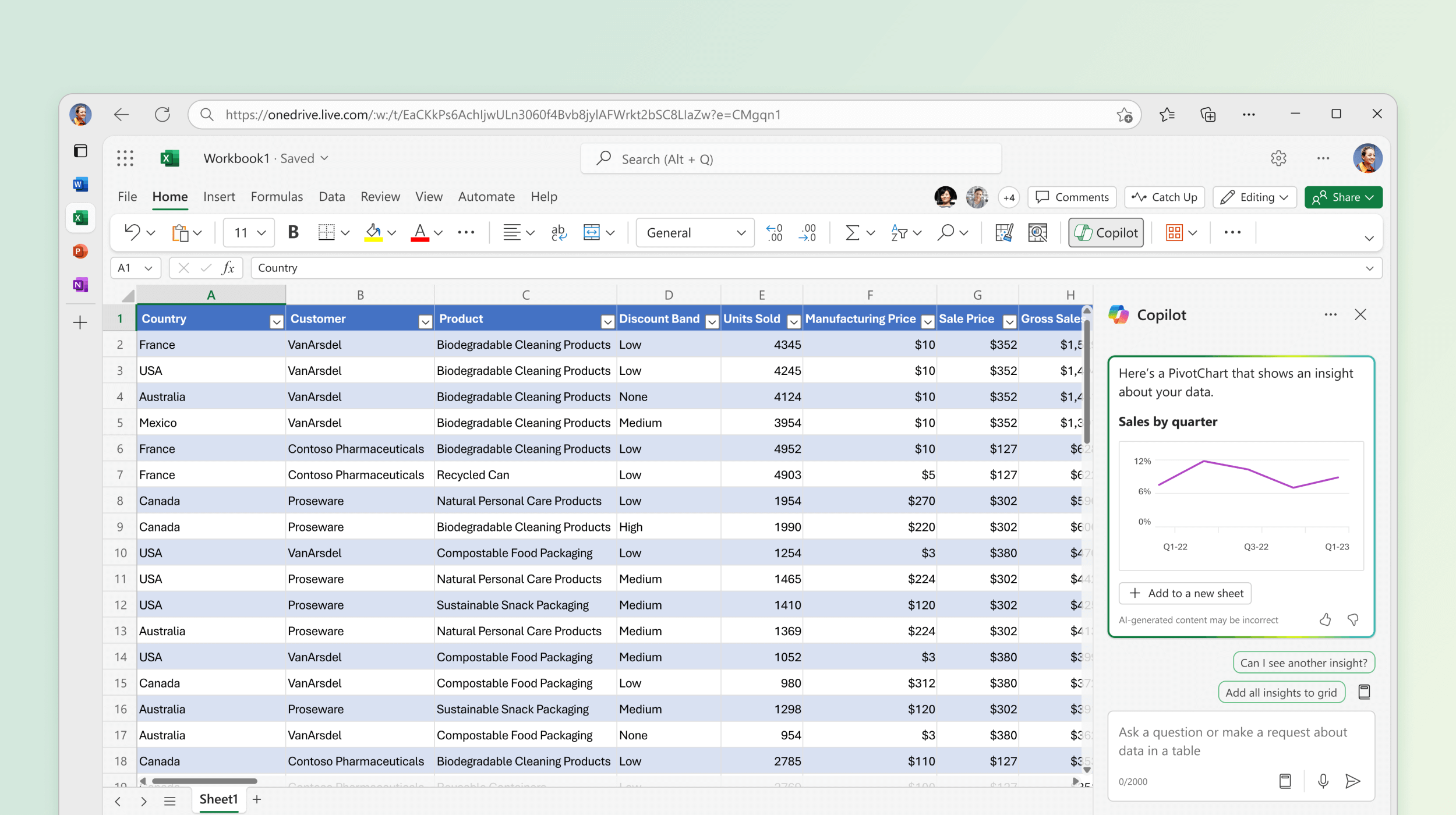 Excel 中的 Copilot 可協助您分析並探索資料，以便做出最佳決策。取得協助以識別趨勢、提出假設狀況情節，並獲得改善業務的建議。