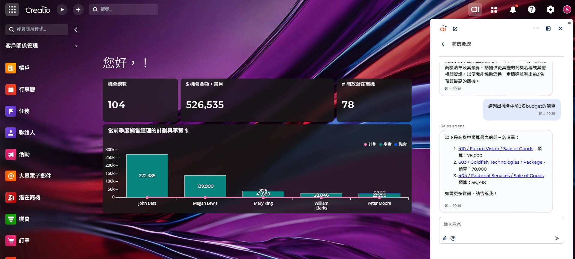 AI chat bot 整合的銷售管理頁面
