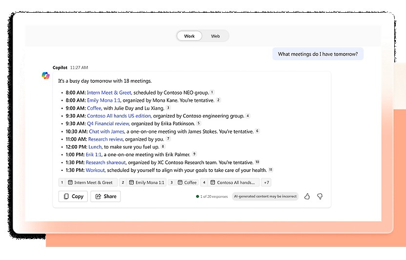 使用 Microsoft 365 Copilot Chat 找到您所需的檔案，將專案、會議和聊天彙總在一起，並快速提取摘要。