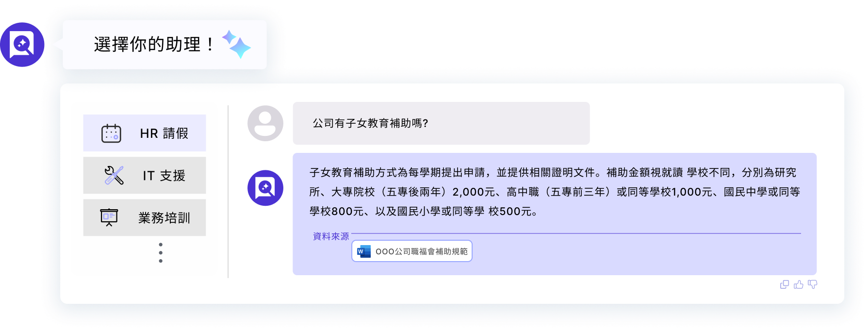 SysTalk.VIKI 提供彈性化的 AI 助理設定，打造高度客製化與可靠的互動體驗。為確保資訊的透明度與可信度，系統具備追本溯源的能力，會清晰標示回答所引用的資料來源。同時透過內建的使用者回饋機制